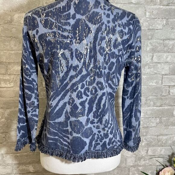 Chicos Foiled Animal Frankie Fringe Cardigan Blue - Picture 3 of 9